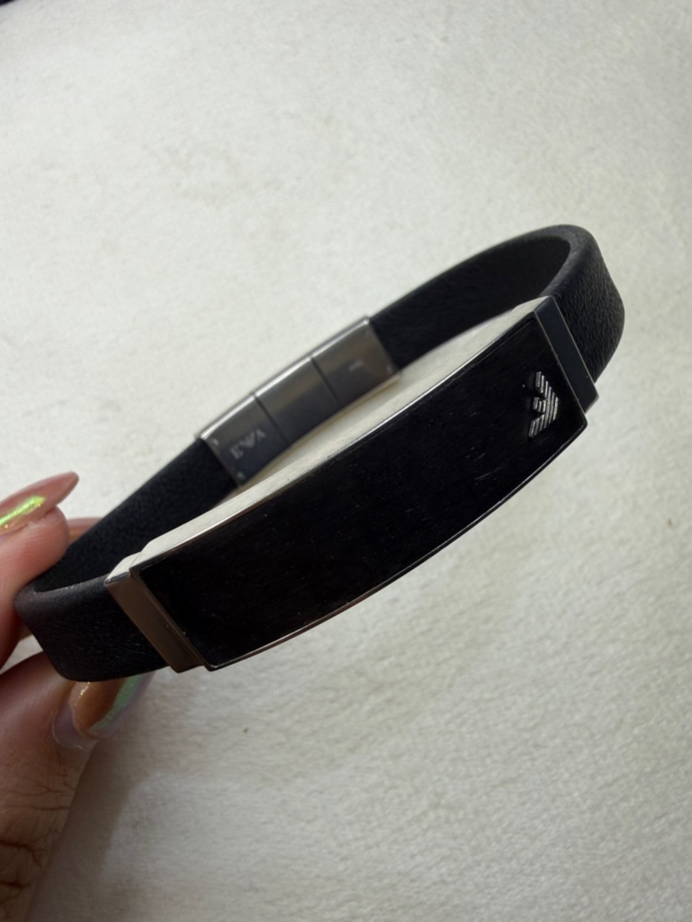 Black Men's Leather ID Bracelet with Metal Plate
